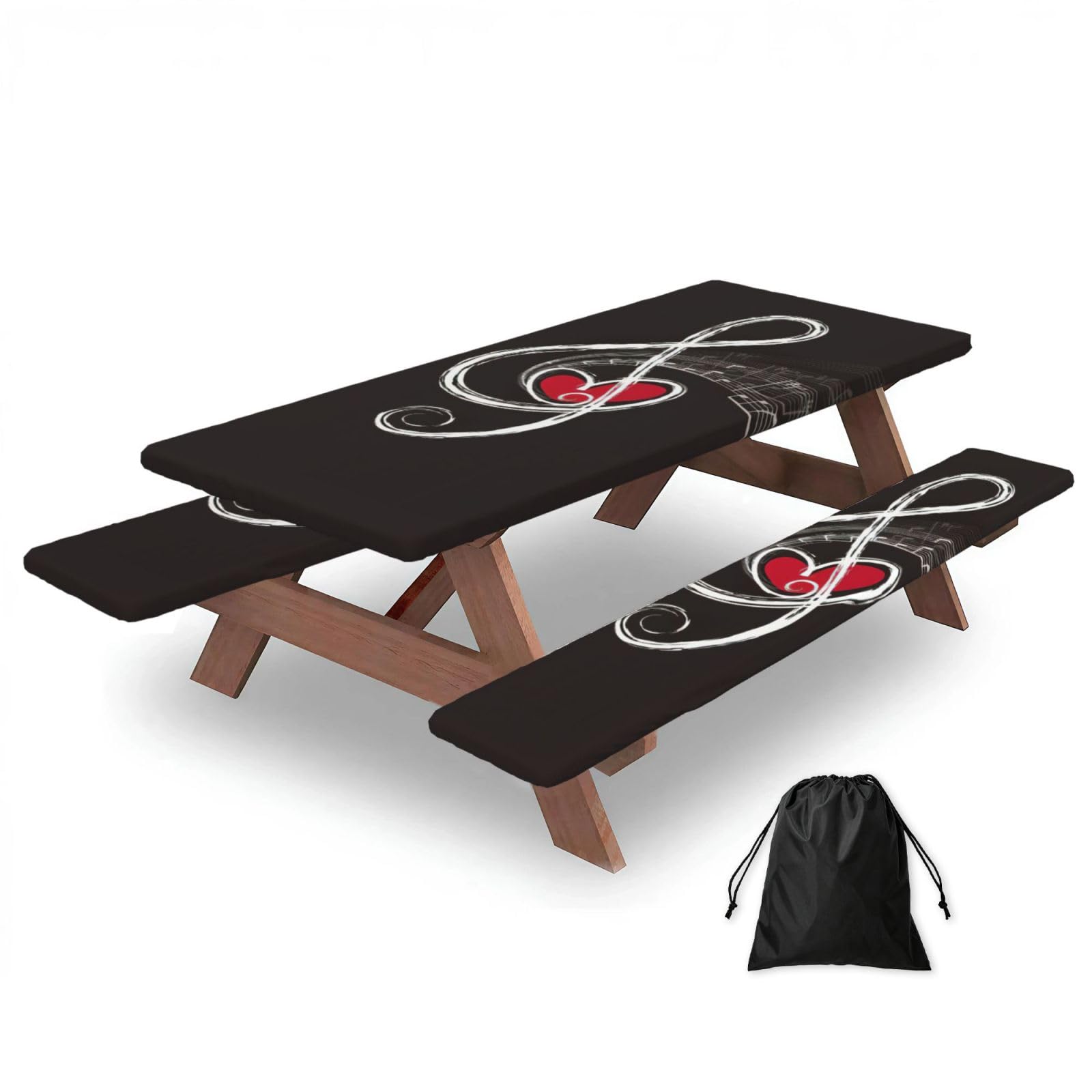 Zyjhyy Black Music Symbols Love Print 3 Pack Wipeable Picnic Bench Cover And Table Cover Lightweight Table Cloth For Camping Outdoor