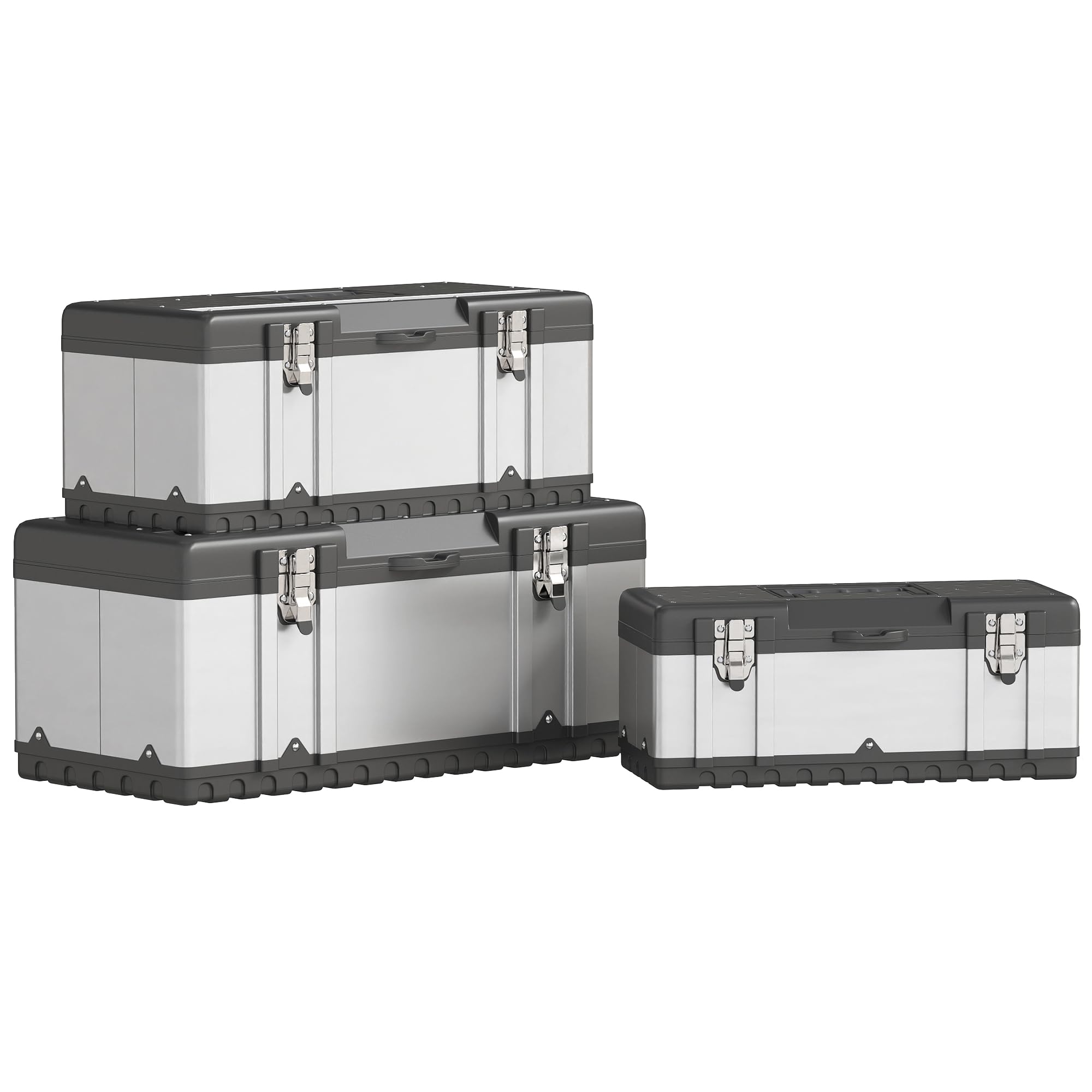 HOMCOM 3 Pieces Tool Box Set, 23"/ 19"/ 16" Powder Coated Stainless Steel Toolbox with Removable Tray, Handles, Latches, Heavy Duty Tool Case Storage for Workshop, Garage