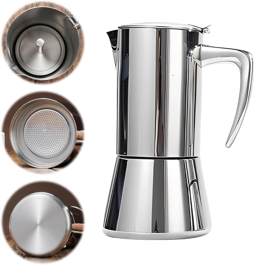 Moka Pot Espresso Maker Coffee Brewer Stovetop 304 Stainless Steel for Store Home Camping (A,600ML)