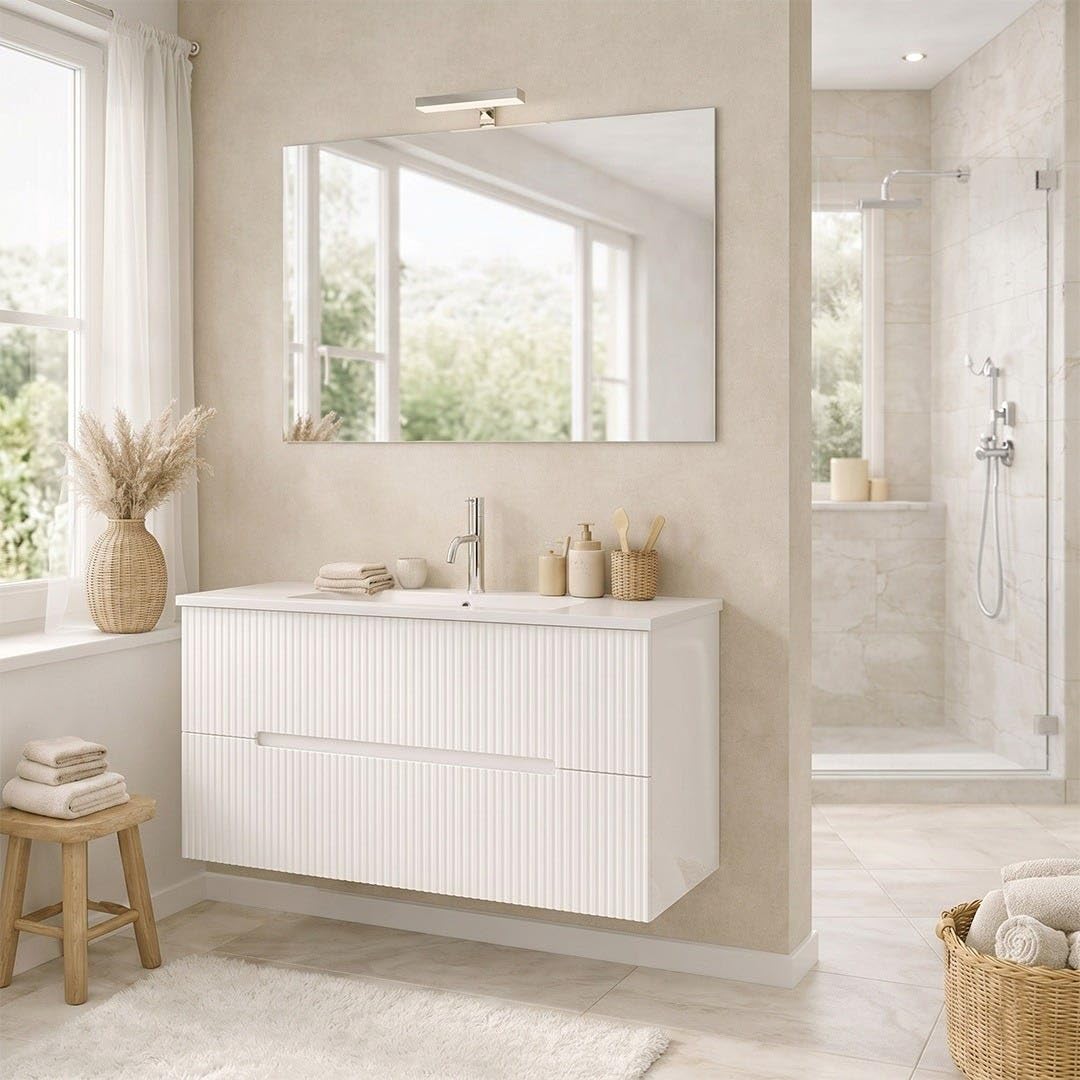 Kiamami Valentina - Mobile Bagno Sospeso 100cm Bianco, 2 Cassetti, Frontale Bianco Cannettato, Lavabo in Ceramica, Design Moderno, Già Assemblato | Magnolia