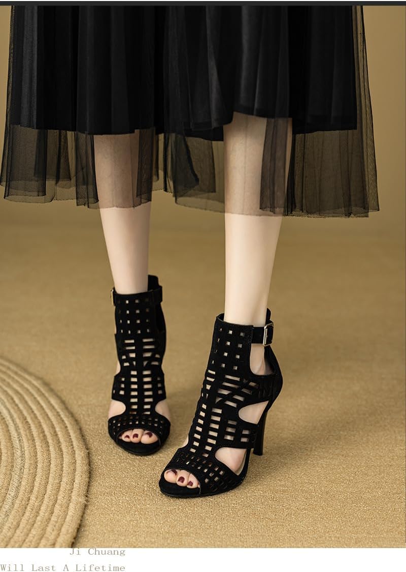 SACFOF High Heeled Sandals for Womens Cutout Peep Toe Summer Stilettos Block Heeled Party Sandals Buckle up Dressy Shoes