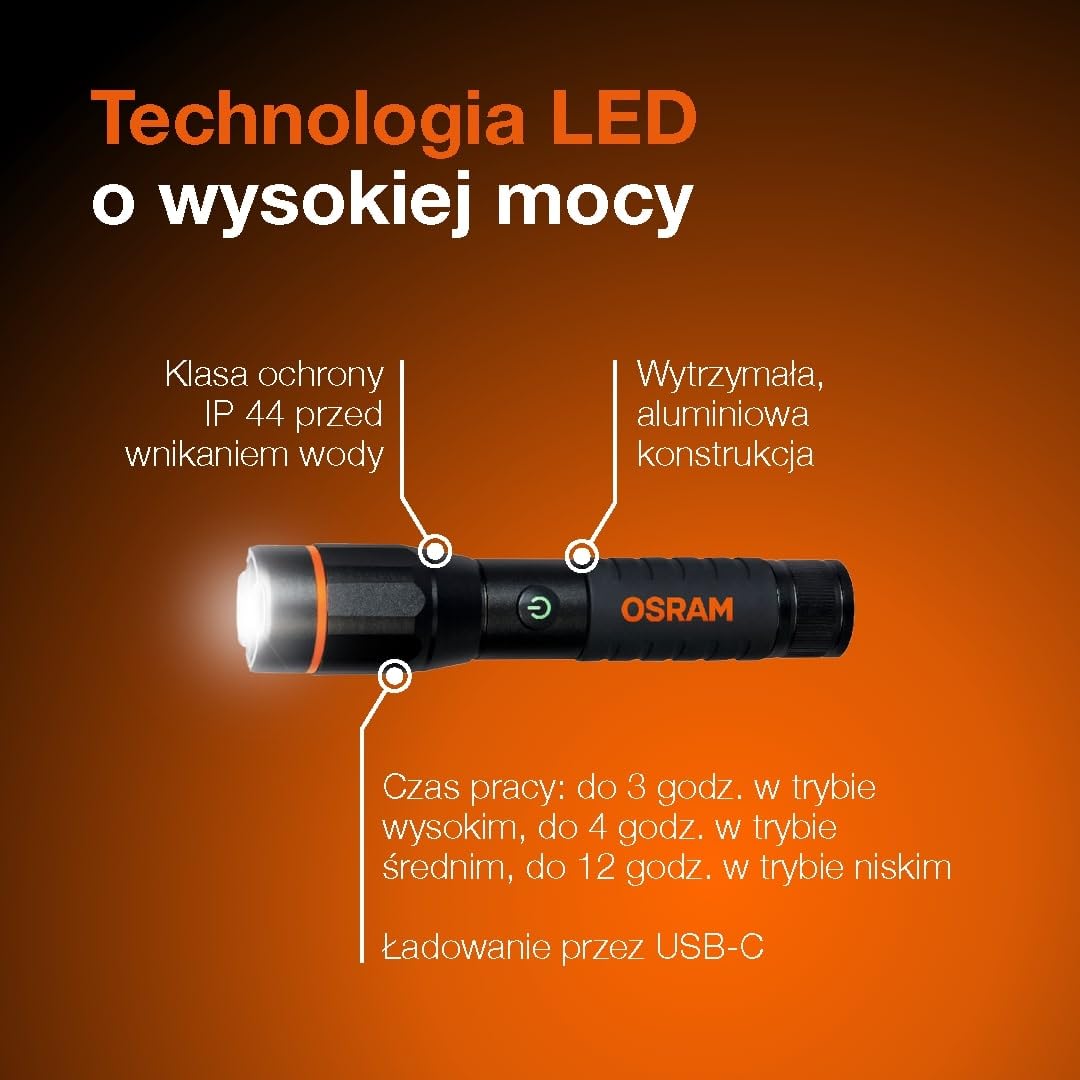 OSRAM LEDinspect PRO TORCH 500, akumulatorowa latarka inspekcyjna LED, funkcja zoom, jasność 500lm, 6000K, 4 tryby światła