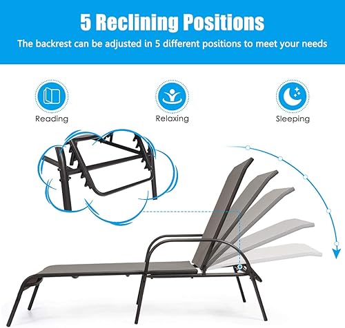 Miniatura 9 de COSTWAY Sillón de patio al aire libre, tumbona, tela ajustable, reclinable, reposabrazos para piscina, color marrón