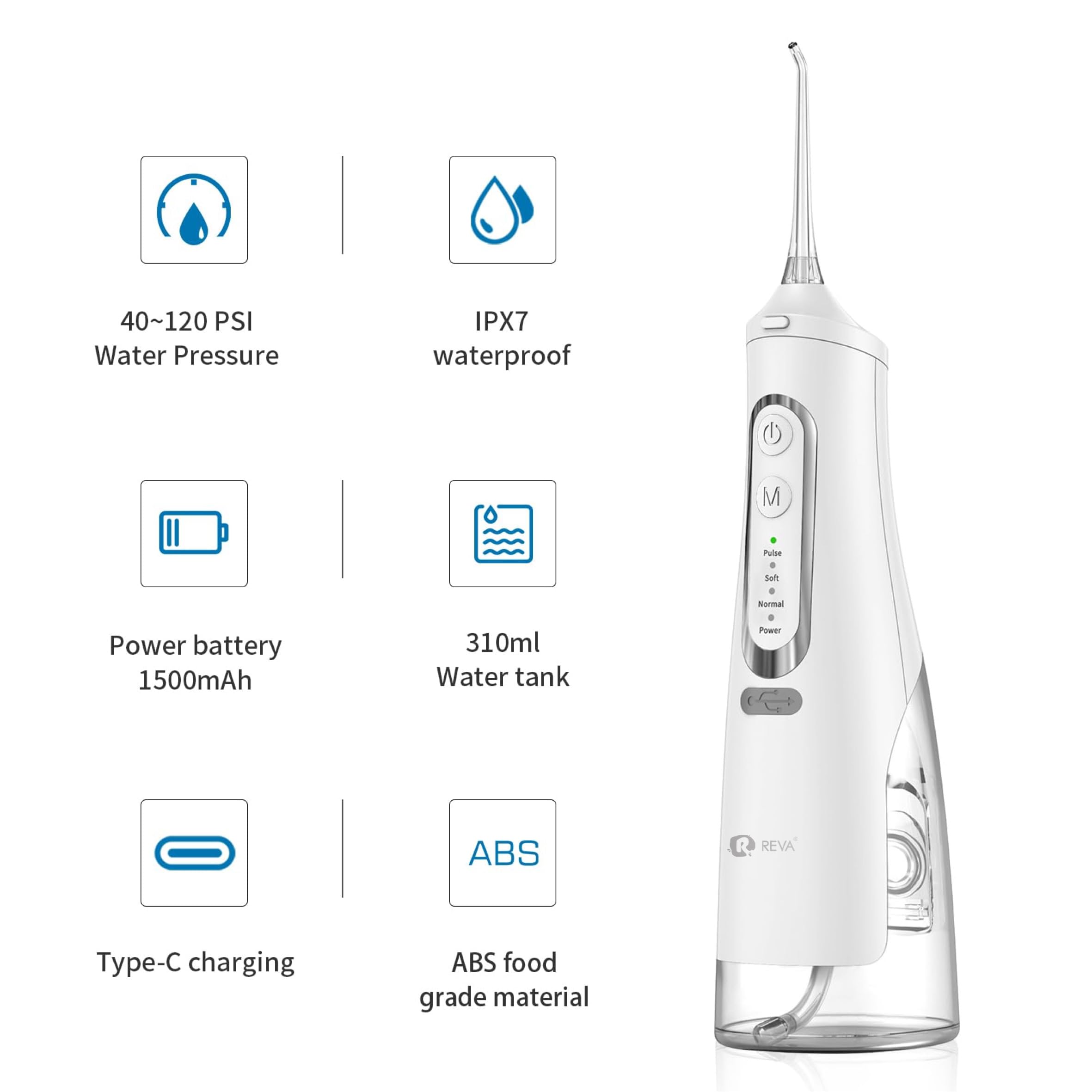 Reva - Irrigador bucal eléctrico para limpieza de dientes, tanque grande de 310 ml, impermeable IPX7, irrigador oral inalámbrico recargable con 4 puntas de chorro, memoria inteligente, bajo ruido