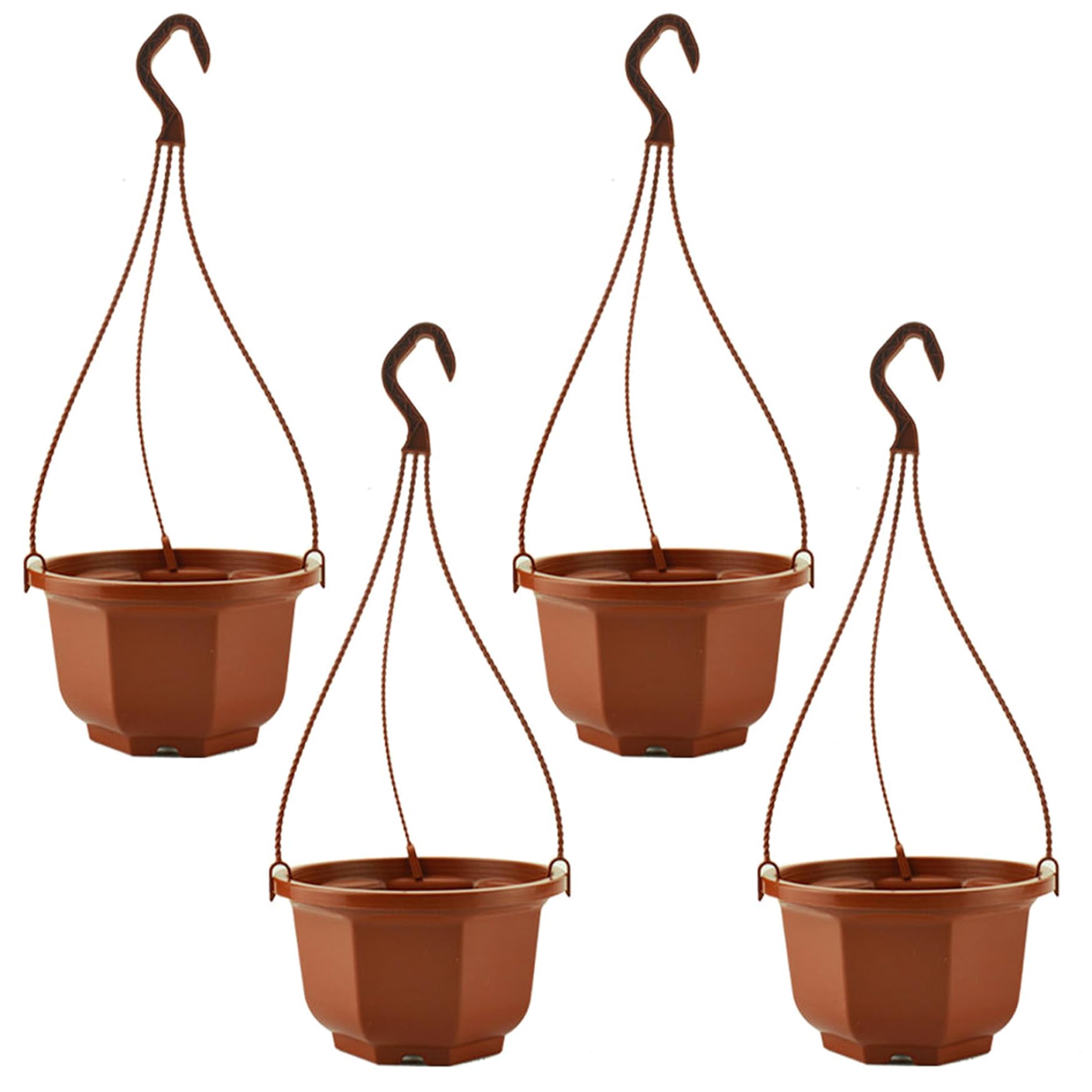 Bemonew Coffee Plastic Hanging Planter 4 Pack Plastic Hanging Planter With Hooks, Baskets For Plants Outdoor & Indoor, Octagonal Orchid Basket For Garden, Porch