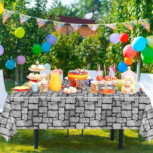 Image of WNINK 4 Pack Stone Wall Tablecloths, Medieval Brick Stone Plastic Table Cover Decoration for Halloween Birthday Party Supplies Medieval Castle Knight Themed