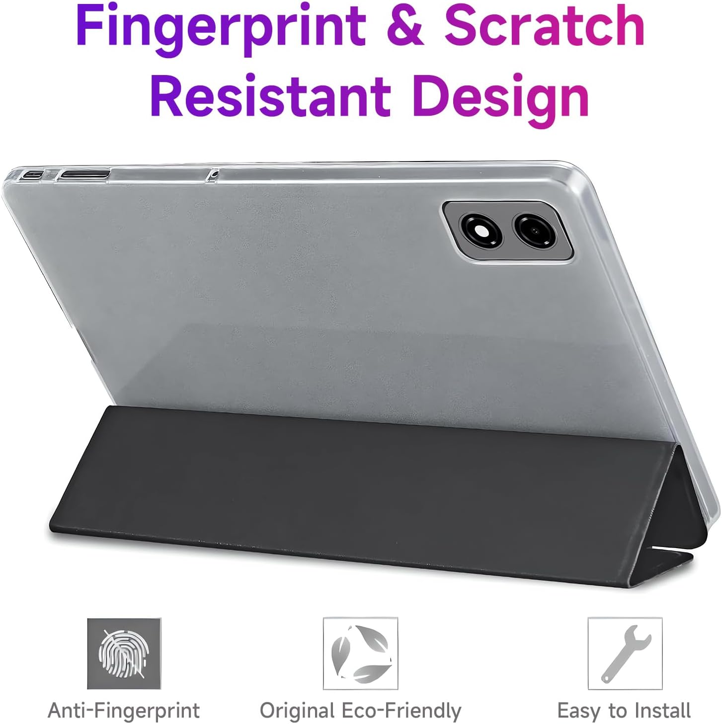 Close-up of the BNCF Bpad 10 tablet case, highlighting its anti-fingerprint, eco-friendly, and easy-to-install features.