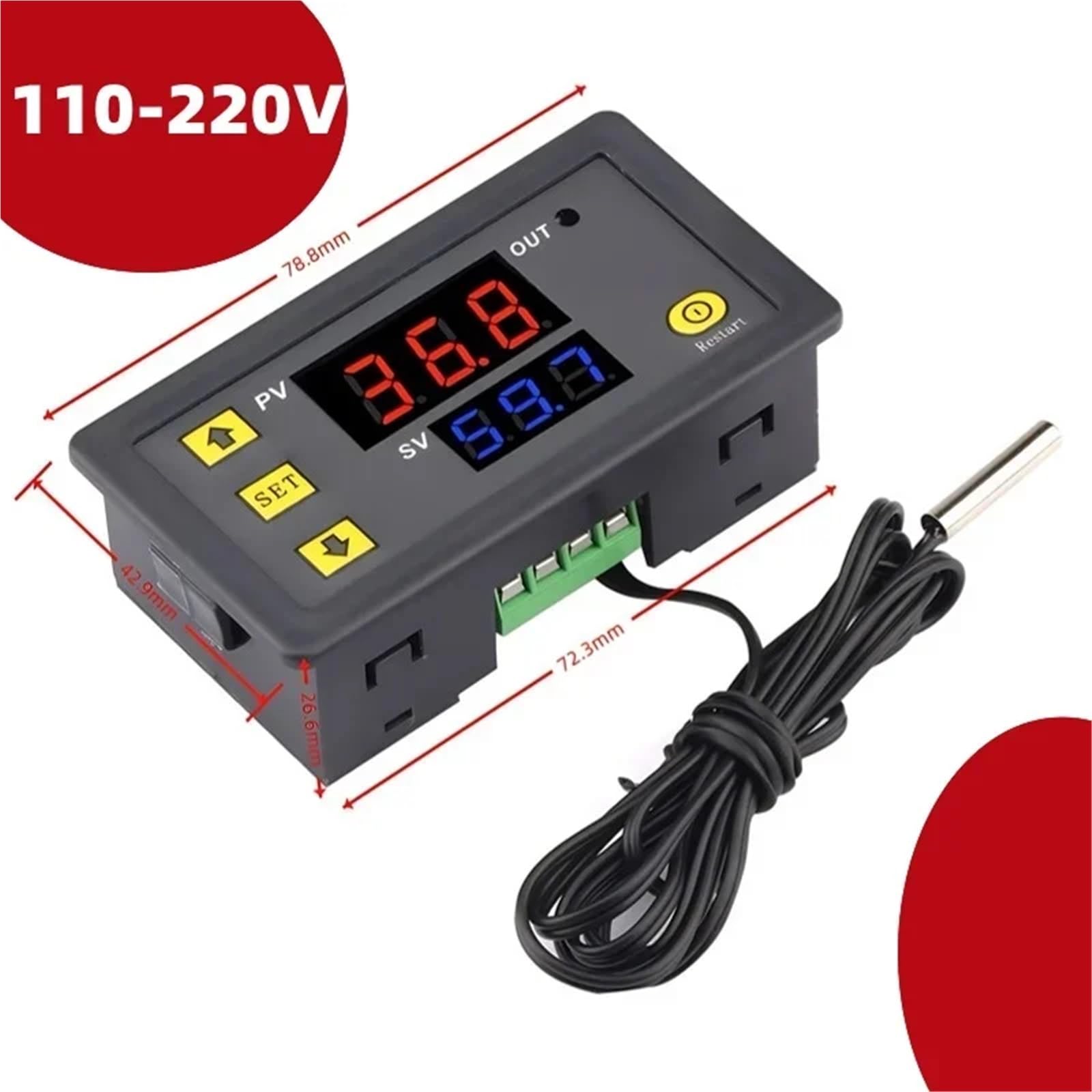 Termostato digital W3230 con control de temperatura, pantalla LED, 12 V, 24 V CA, 110-220 V, 20 A, con sonda de línea y control de calor/refrigeración.(AC110-220V)