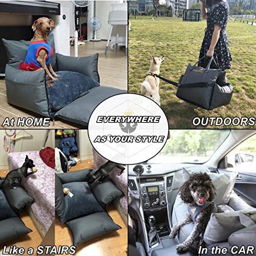 Pet Dog Car Seat Booster With Safety Pillows for Small and Medium Dogs up to 30 lbs - Travel Bed With Handles, Water Resistant, 2 Leashes and Belts