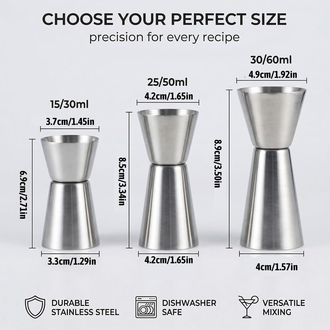 Dosatore Misurino Doppio per Cocktail, 3 Pezzi, Misurino per Bevande Barista, Misurino in Acciaio Inox a Doppia Spirito Jigger Misura Cup, Per Bar, Discoteche, Feste, 15/30 ml, 25/50 ml, 30/60 ml