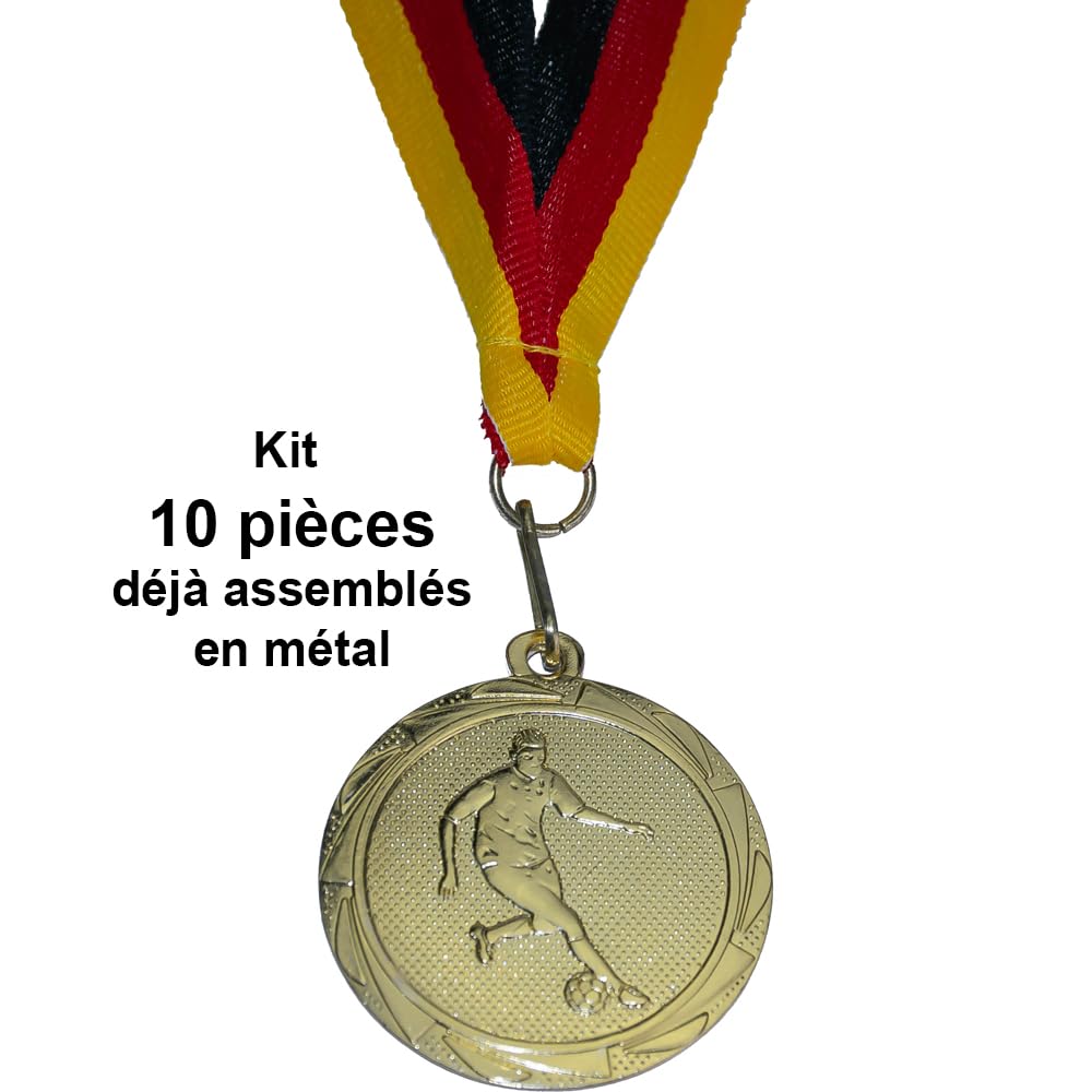 Médailles Football Or - Lot De 10, Diamètre 4cm - Ruban Noir/Rouge/Or - Récompenses Enfants