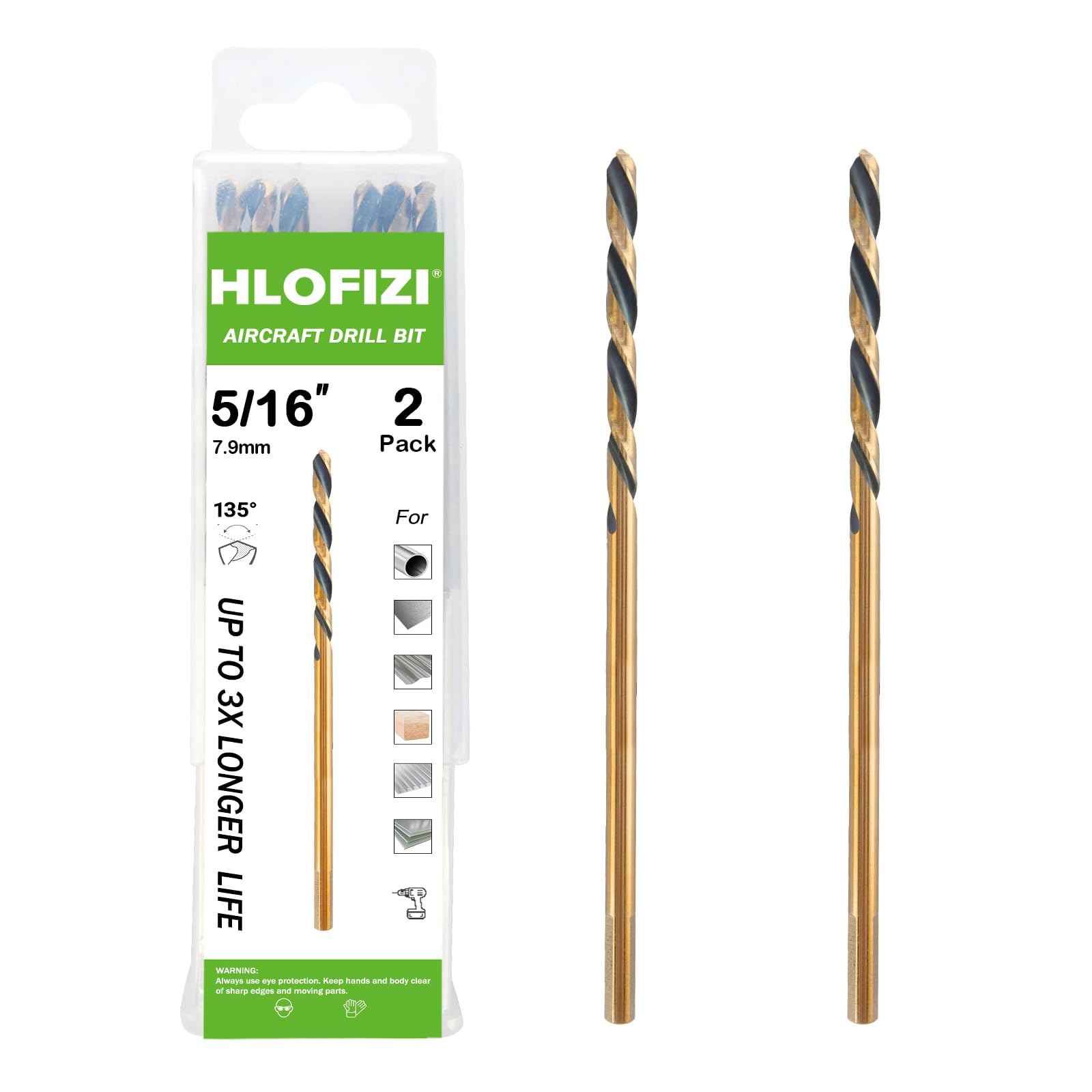 HLOFIZI 5/16 x 8 Inch Extra Long Drill Bits (2 Pack), Aircraft Drill Bit Black and Gold M2 HSS for Wood, Plastic, Thin Metal Sheet