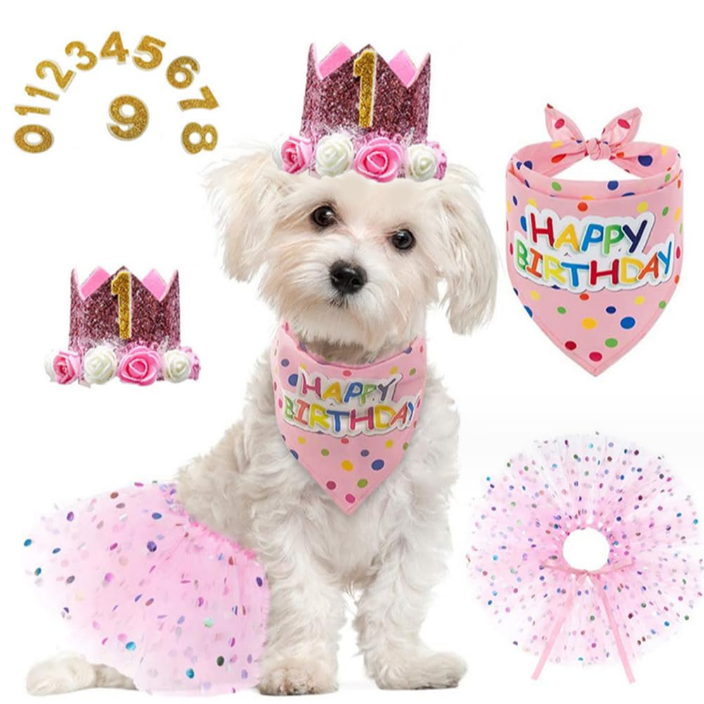 MERCRI Pink Girl Dog Birthday Outfit Suit Pet Crown Hat with 0-9 Figures Polk dots Puppy Tutu Skirt and Bandanas Birthday Party Supplies for Small