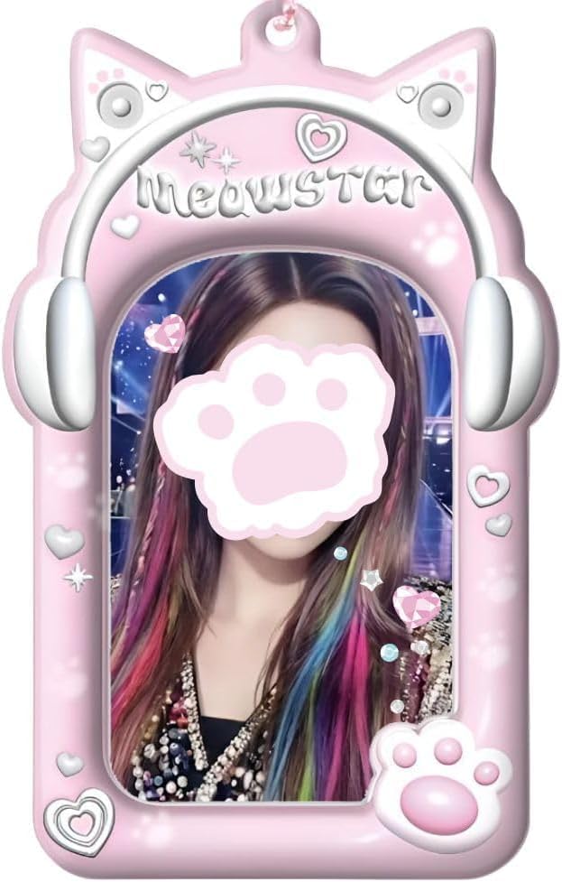 Kpop Photocard Holder - Cute Y2K Pink Cat Hard PC Toploader with Ball Chain, Anti-Bend & Scratch-Resistant Photo Sleeve Protector, Kawaii Idol PC Case Bag Charm 포토카드 홀더 레트로고양이