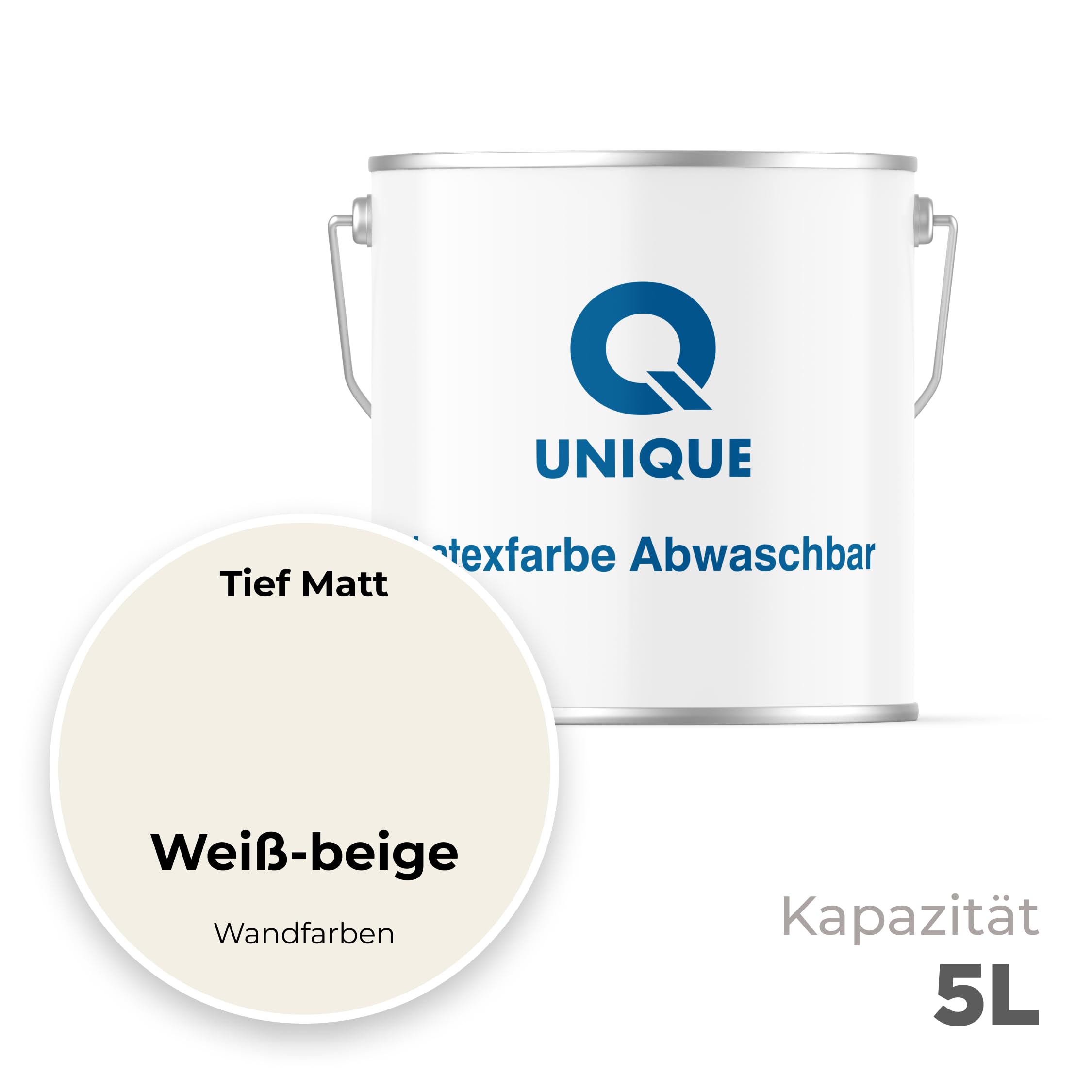 Q UNIQUE Latexfarbe ABWASCHBAR 5L (ca.35m2) Weiß-beige, Waschbare, hochdeckende, tiefmatte Latexfarbe auf Basis von Ethylen-Vinylacetat-Copolymer. VOC-frei, geeignet für Wände/Decken in Innenräu