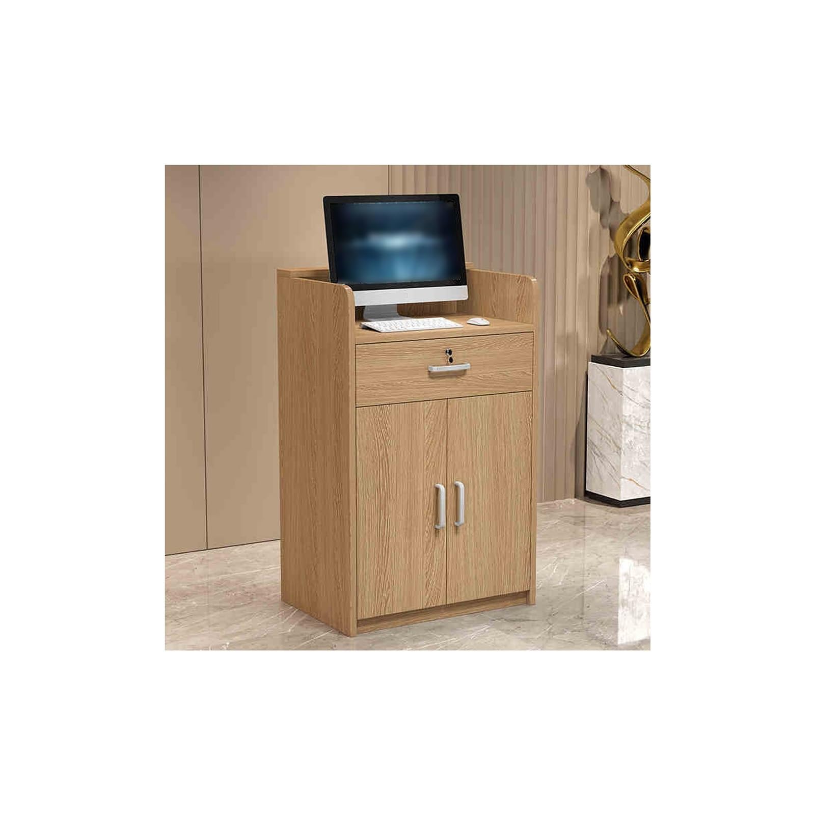Scrivania moderna con cassetto chiudibile a chiave, elegante bancone da ufficio in rovere dorato, 80 cm, elegante postazione di lavoro per reception e ufficio