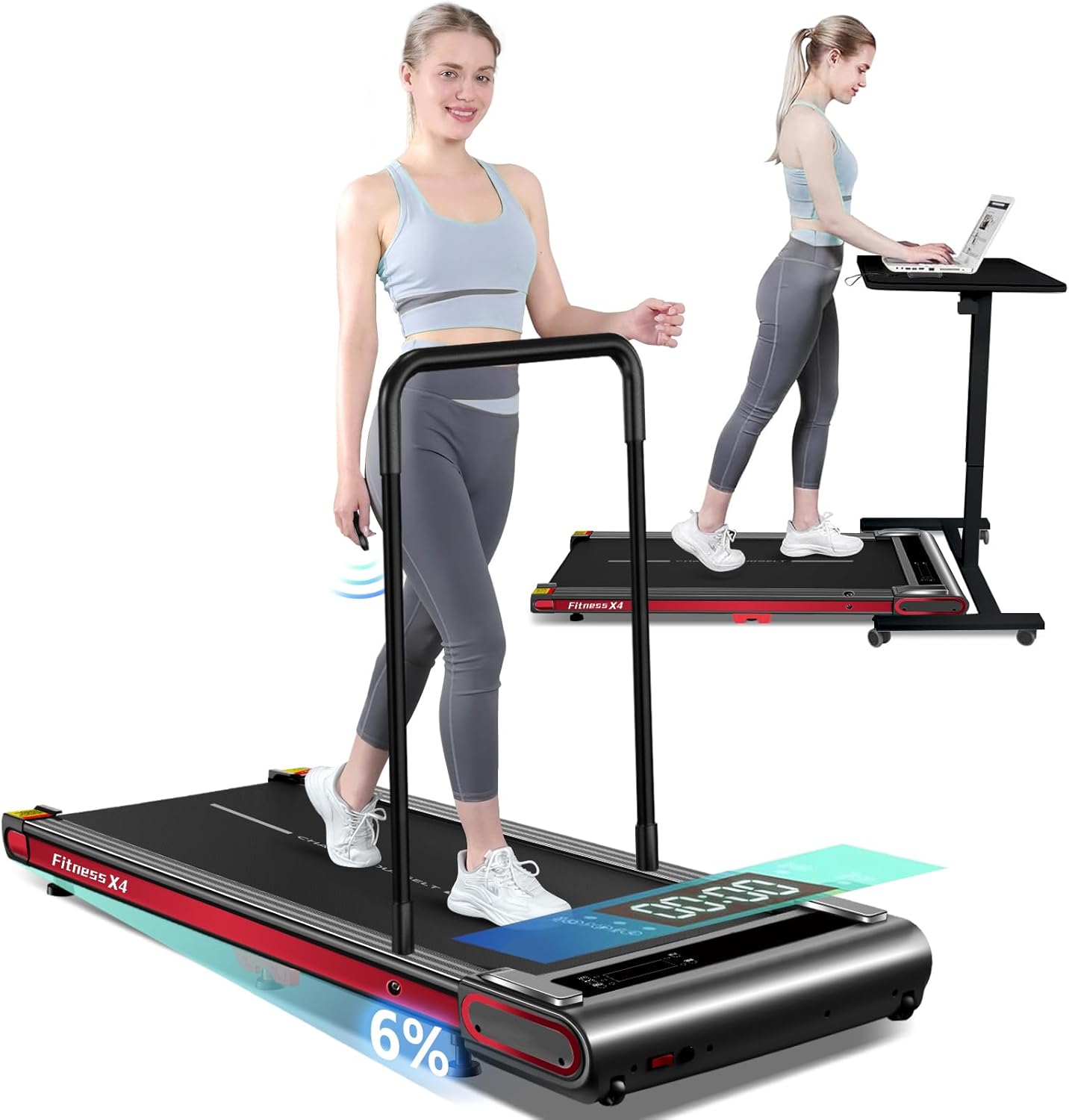 Walking Pad, Under Desk Treadmill for Home with handrail, Portable Treadmill LED Display Remote Control 300 lbs Capacity (Red-Handrail-Incline)