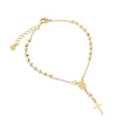 Pulseira de Terço com Cruz Semi Joia Banhado Ouro 18k, Ideal para Presentear, Perfeito para todas as ocasiões