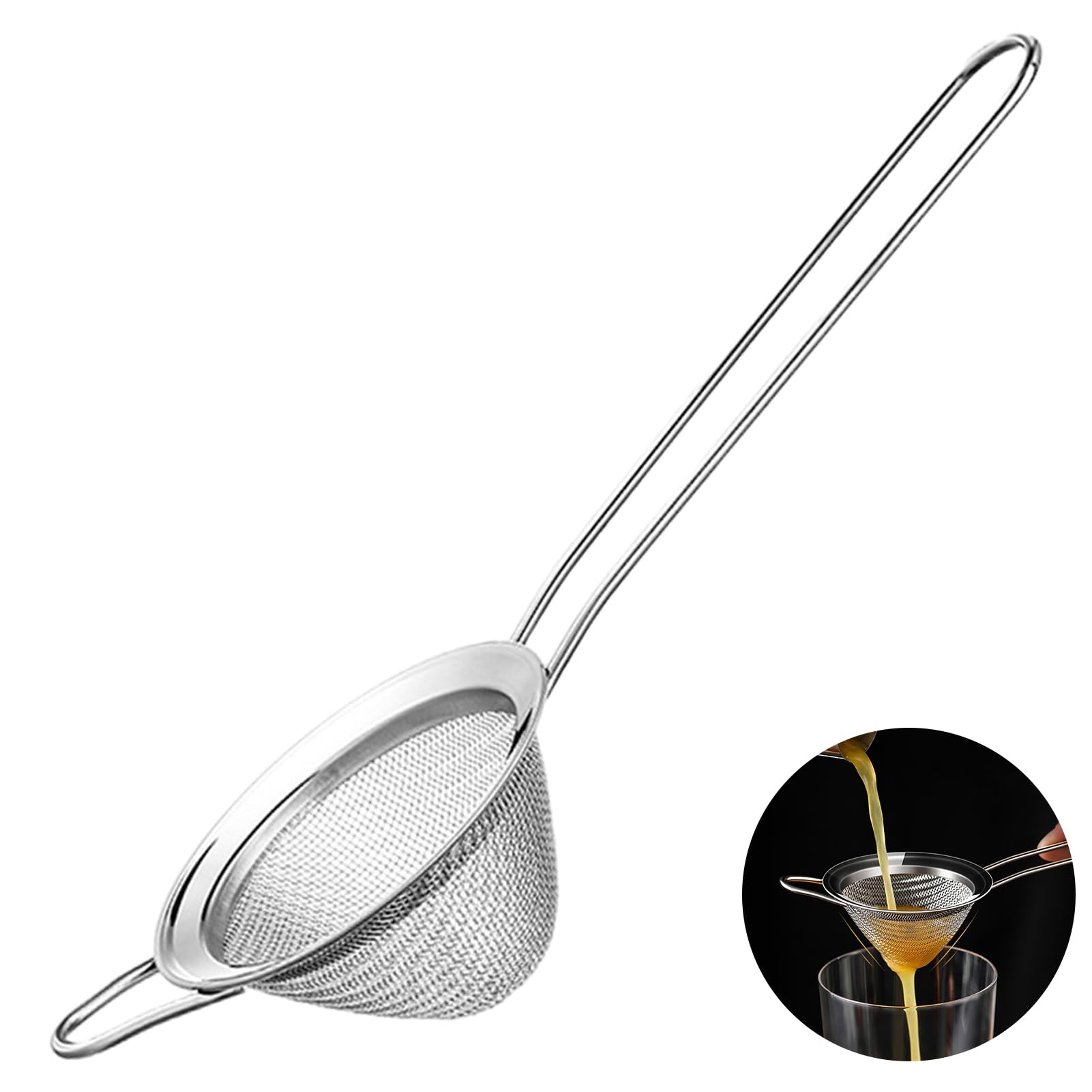 Stainless Steel Fine Mesh Strainer with Handle, Practical Conical Shape Fine Mesh Sieve, Heavy Duty Mini Cocktail Strainer for Cocktails Tea Herbs Coffee & Drinks(silver)