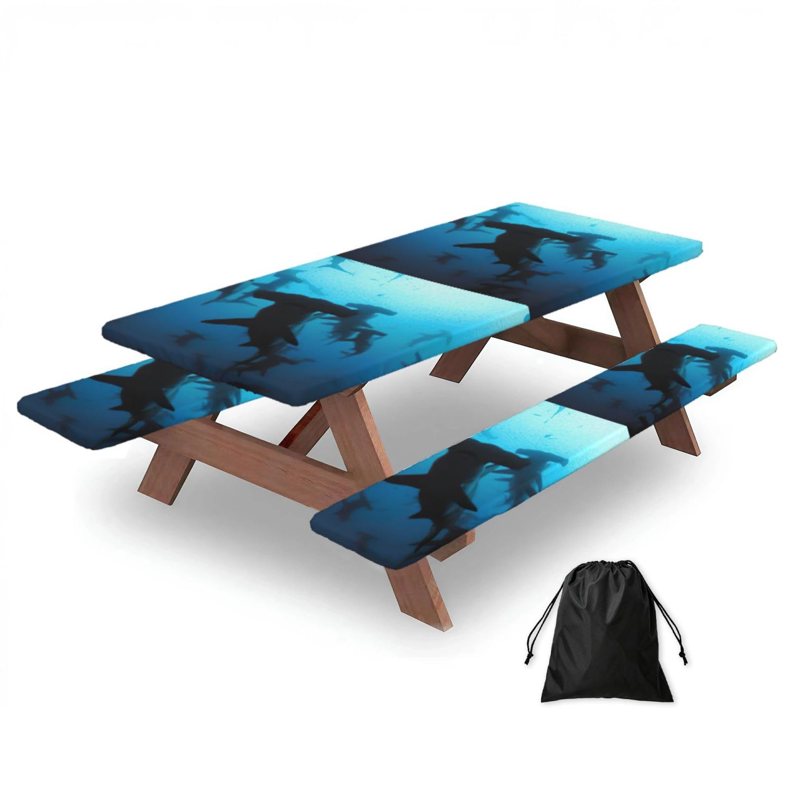 Yqxwjl Black Hammerhead Sharks Print Camping Essentials Waterproof Camping Table And Bench Cover With Drawstring Bag 183 Cm