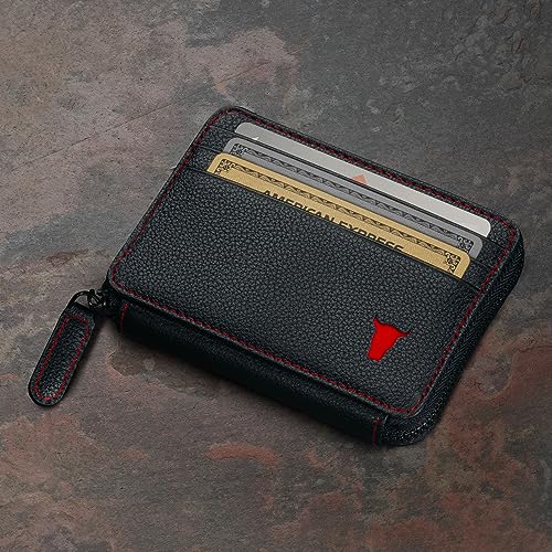 TORRO Leather Card Holder with Coin Case – RFID Blocking Premium Leather Credit Cardholder with Zipped Coin Pouch (Black with Red Detail)3