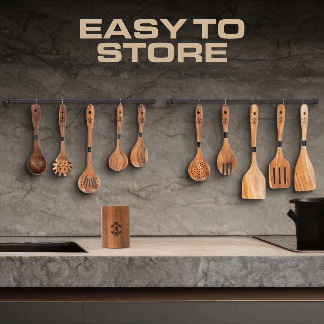 Armandine Teak Wooden Spoons for Cooking 11-Piece - Non-Stick & Non-Scratch Wooden Cooking Utensils Set - Heat Resistant Kitchen Utensils Set - Image 5