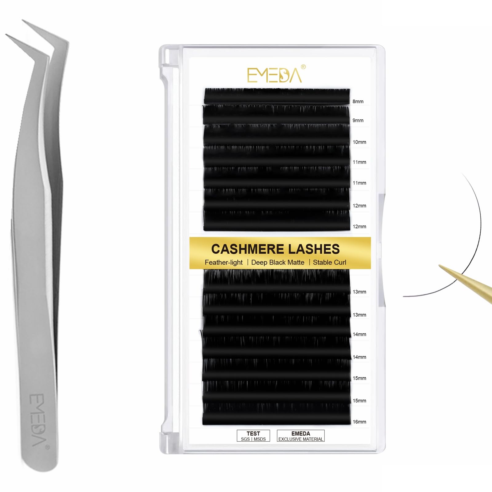 EMEDACashmere Volume Lash Extensions of 0.03-CC-MIX-8-16mm, 14 Rows Large Tray Super Matte Black Mix 8-16mm and Lash Extension Tweezers for Volume Lashes Professional Precision Stainle