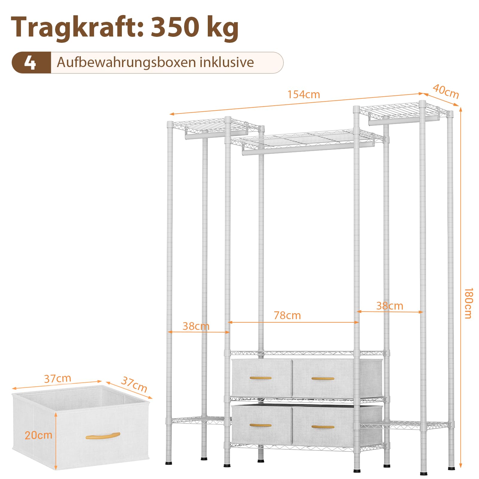 Himimi Appendiabiti con 4 Cassetti, Armadio Aperto con 3 Barre Portabiti & Ripiani Regolabili in Altezza, Struttura Metallica Robusta per Camera da Letto, Lavanderia, Balcone 154x40x180cm Bianco