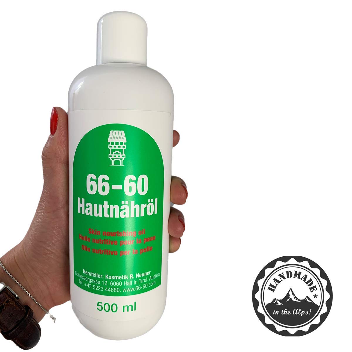 66-60 Hautnähröl die sanfte Pflegeemulsion mit reichlich Vitamin E - Hergestellt in Tirol - 500 ml - für alle Hauttypen geeignet -inkl. Spender - Vitamin E Öl - Hautöl Natur