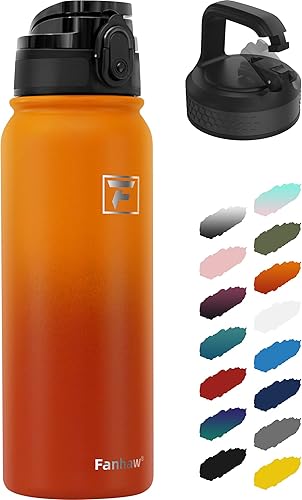 Fanhaw Botella de agua aislada al vacío de acero inoxidable de 20 onzas con 2 tapas (abierta y tapa de mosquetón) - Para niños, mujeres, hombres, a