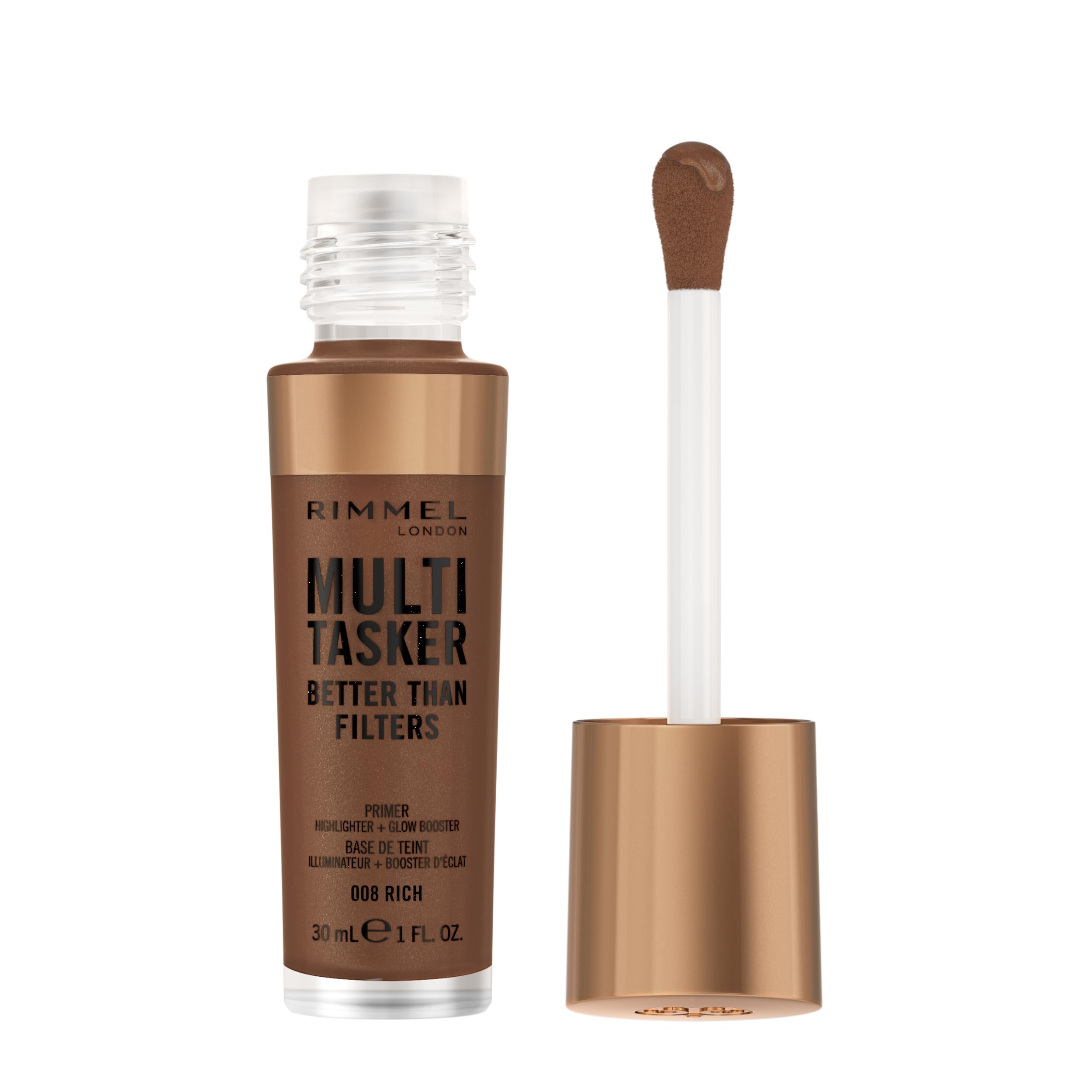 Rimmel Multi Tasker Better Than Filters, 3 in 1 skin primer, glow booster, and highlighter for a natural smooth glow, Infused with Vitamins C, Vegan & Cruelty-Free, 008 Rich
