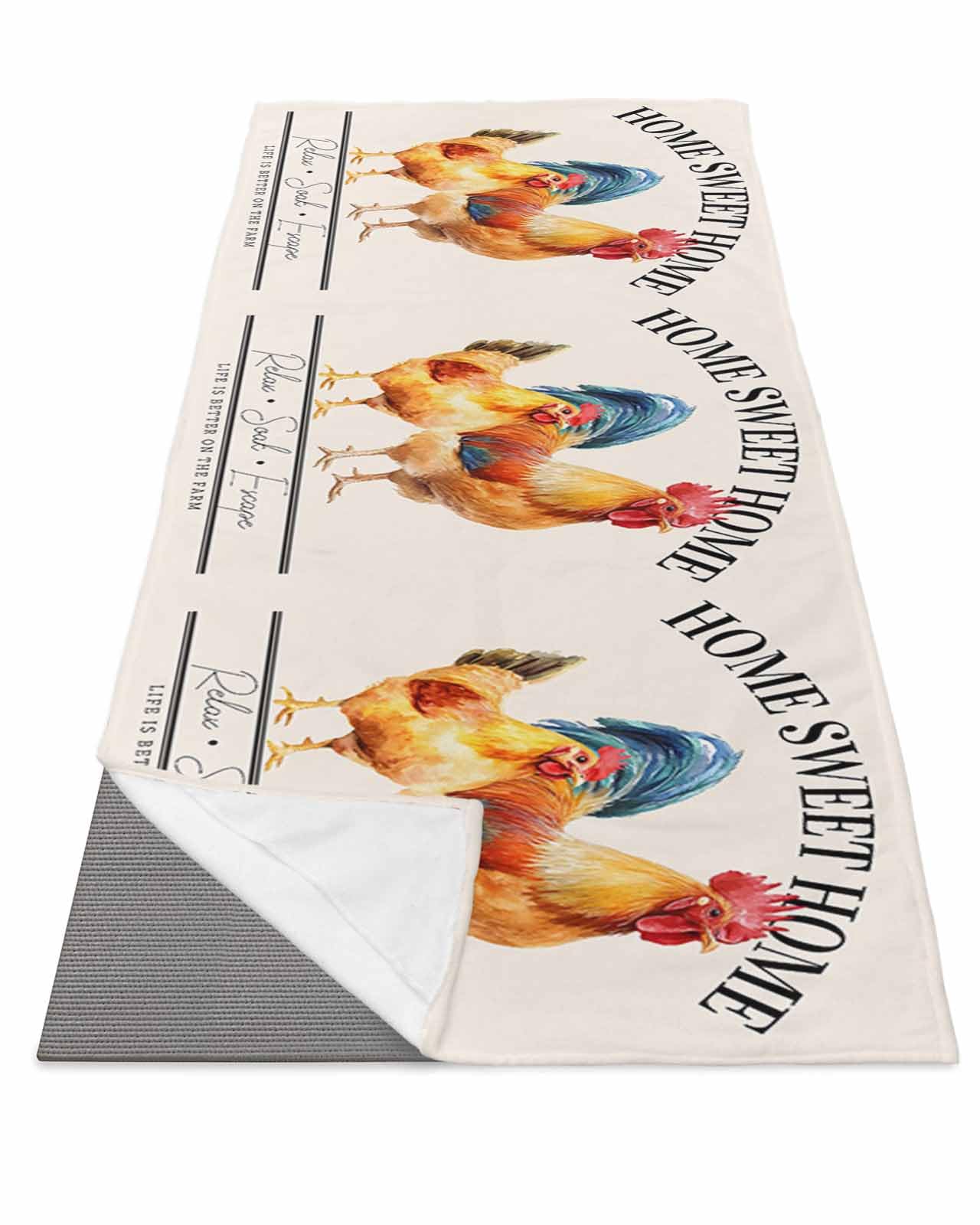 BOSIJOY Yoga Mat Towel,Farmhouse Watercolor Rooster Chicken Non Slip Sweat Absorbent Hot Yoga Towels with Corner Pockets,Retro Rustic Farm Animal Soft Microfiber Towel for Pilates Bikram 74