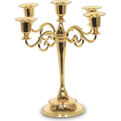 SUJUN 5-Candle Metal Candelabra Candle Holder 10.6 inch Tall Candlestick Holders for Valentine Christmas Home Party Dinning Candle Stand Gold