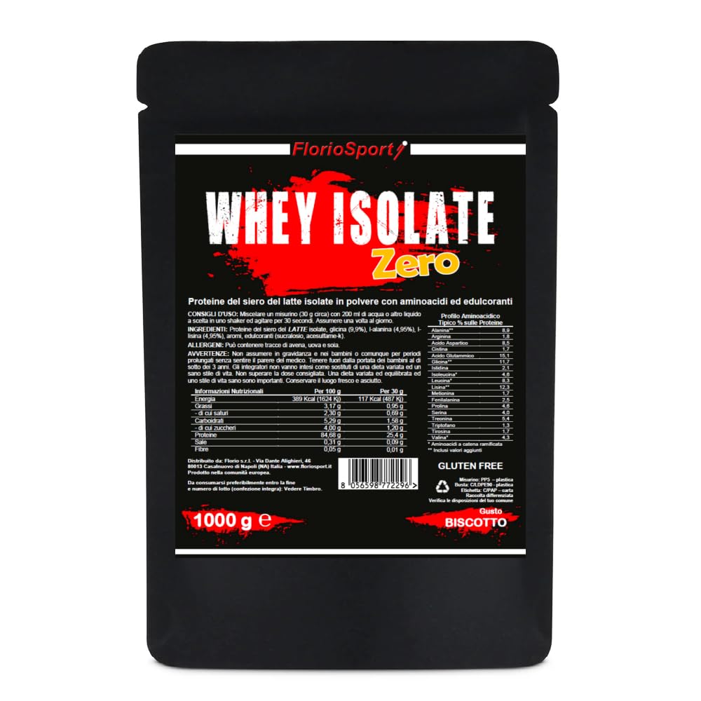 Whey Isolate Zero 1000g FlorioSport - Proteine in polvere del Siero Latte con Aminoacidi per la crescita ed il mantenimento della Massa Muscolare. (1000 g, Cioccolato)
