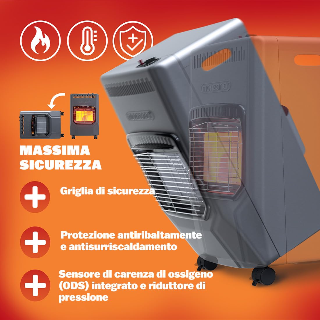 MONZANA® Stufa a Gas GH4500 Riscaldatore per Interni 4200 W 3 Impostazioni Accensione Piezoelettrica Antiribaltamento