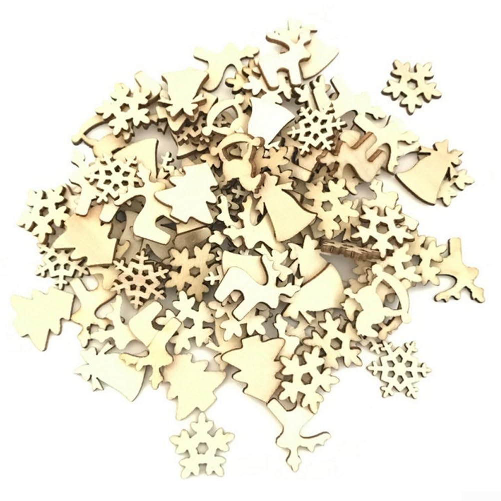 100 adornos de madera para árbol de Navidad, mini copo de nieve, colgantes de madera para decoraciones de Navidad, manualidades