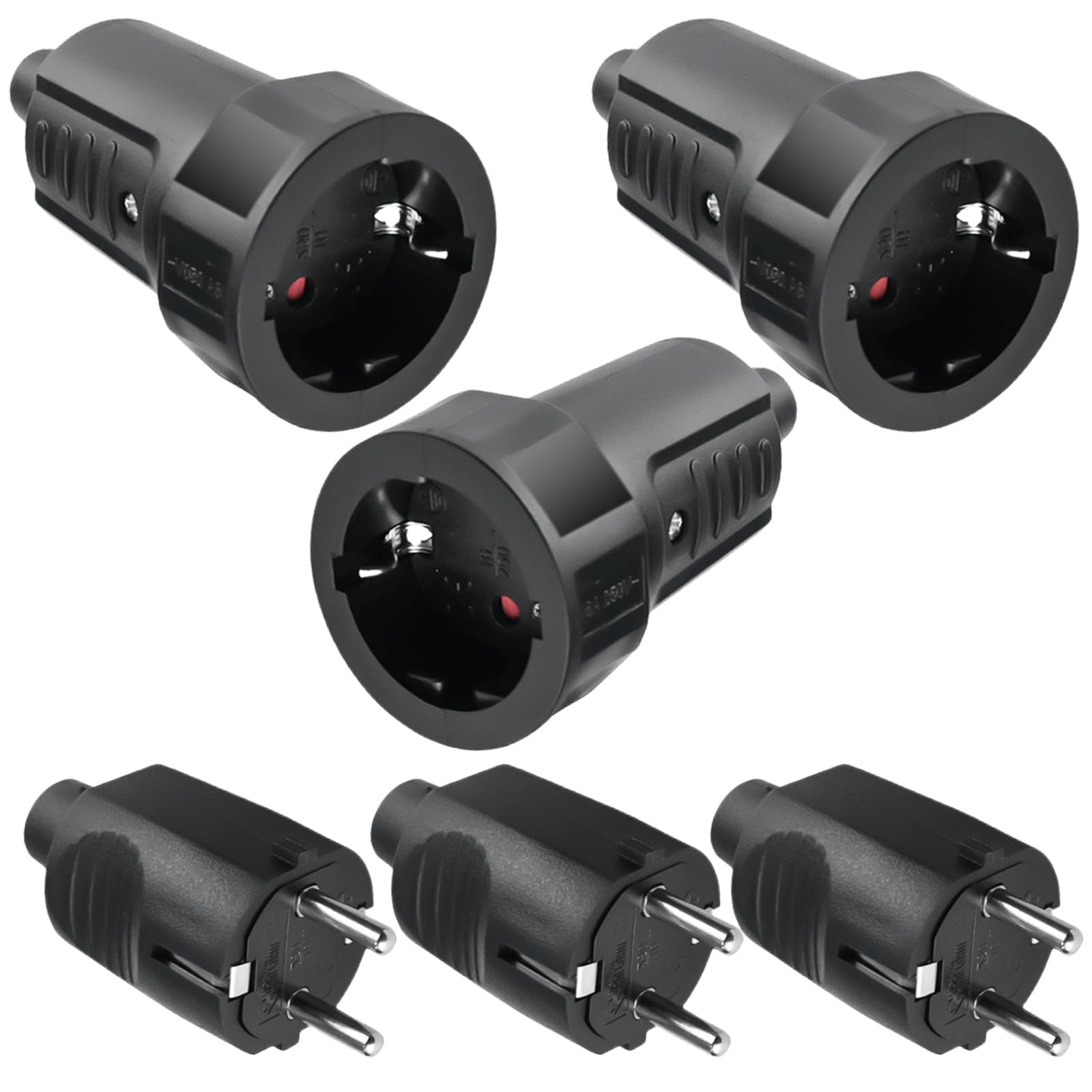 Lot de 3 paires de fiches Schuko 250V 16A IP44 en caoutchouc avec protection anti-torsion noir