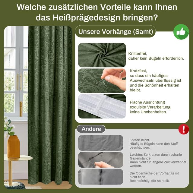 Rosnek Samt Gardinen Vorhang Kräuselband 2er Set, H244 x B132 cm Thermogardine Luxus Vorhang Blickdicht mit Muster, Übergardinen Vorhänge Verdunkelung Barock Deko für Wohnzimmer, Olivgrün