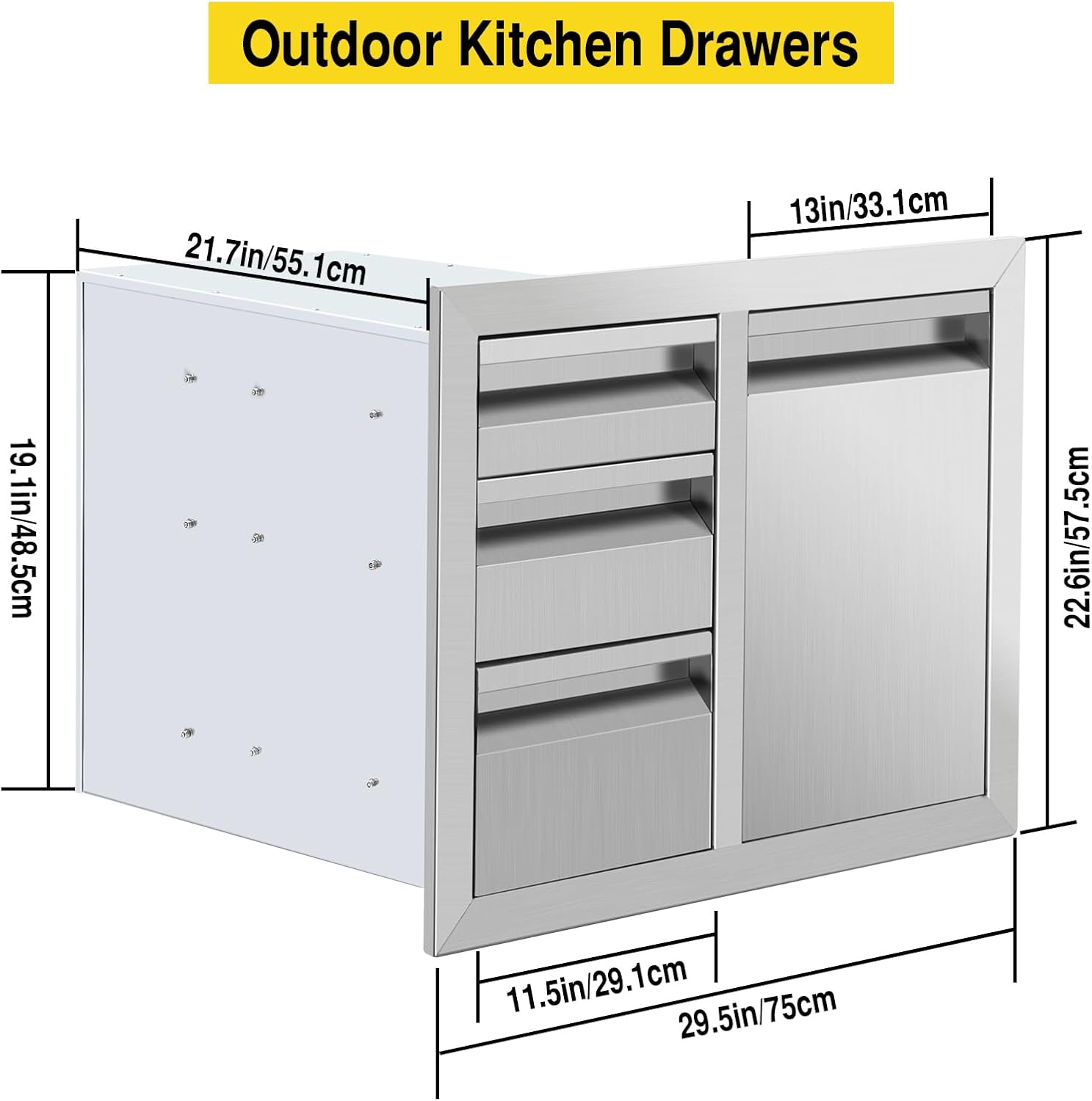 29.5W x 22.6H x 21.7D Outdoor Kitchen Drawer Combo BBQ Access Triple Propane Drawers with Welded Trash Ring Designed for BBQ Island Grill Station