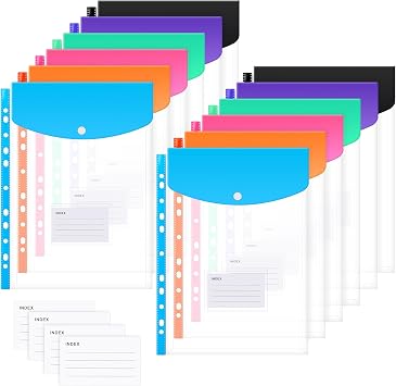 Plastic Wallets A4 Punched Pockets 12 Pack, 11 Holes Expandable Binder Folders for 2/3/4 Ring Document Pouch with Snap Button & Label Loose-Leaf Transparent for Office School Home