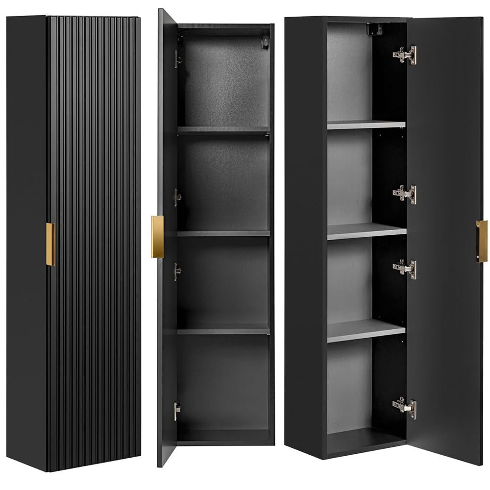 Lomadox Badezimmermöbel Badmöbel Komplett Set, matt schwarz Rillenoptik, 120cm Waschtisch mit Unterschrank, Keramik Waschbecken, LED-Spiegel, 2 Hochschränke, B/H/T 170/200/46 cm