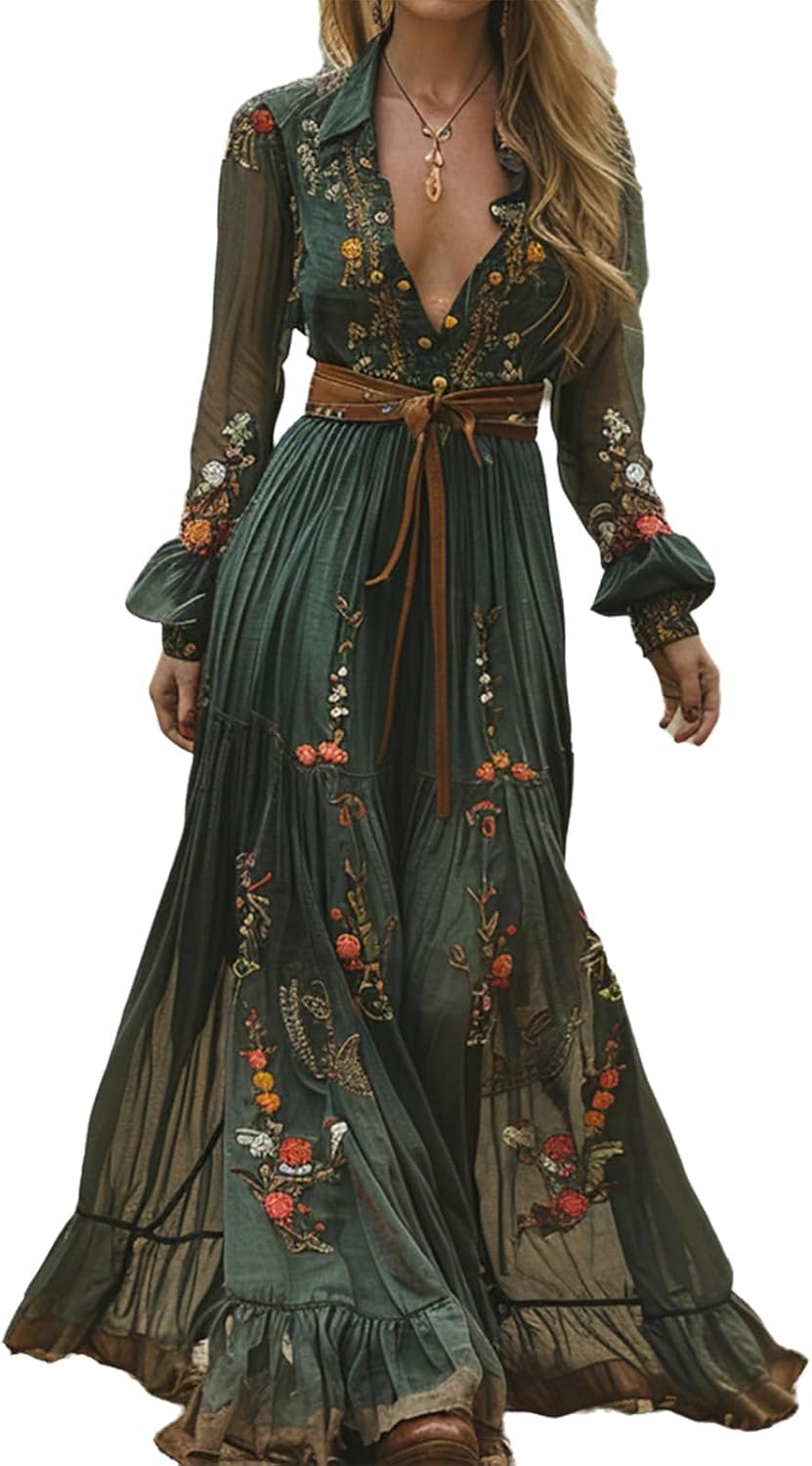 Vintage floral maxi dress vneck long sleeve casual pastoral