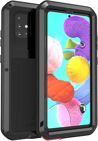 LOVE MEI Compatible with Samsung Galaxy A51 Case, Waterproof Military Heavy Duty Shockproof Dust/Dirt Proof Hybrid Aluminum Metal+Silicone+Tempered Glass Case Hard Cover Black
