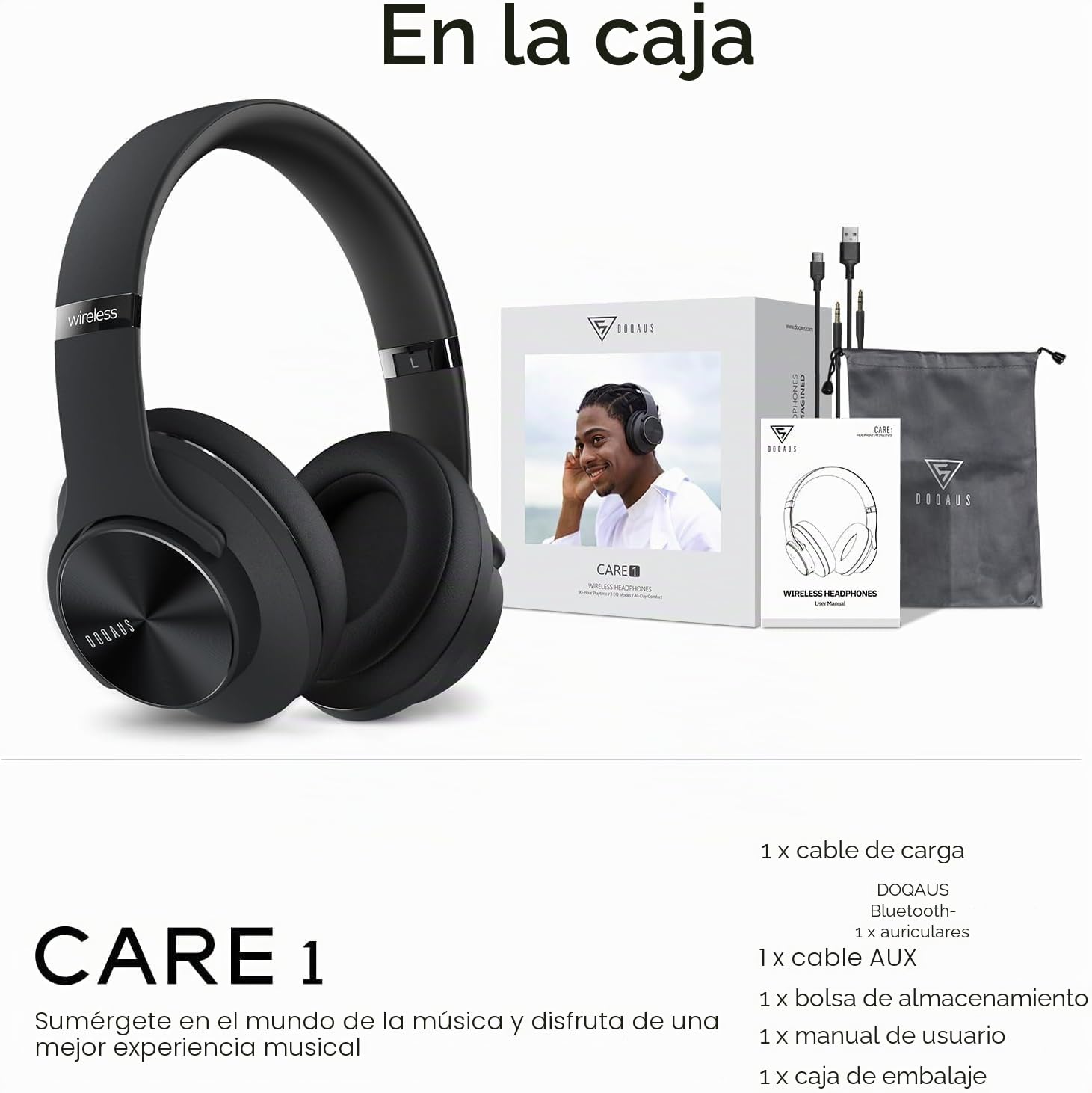 DOQAUS Auriculares Inalámbricos Bluetooth,3 Modos EQ/90 Horas de Reproducción/Bluetooth 5.3 Cascos Bluetooth, Auriculares Inalámbricos con Micrófono y 40mm Controlador,para Móviles/TV/PC/Hogar-Negro