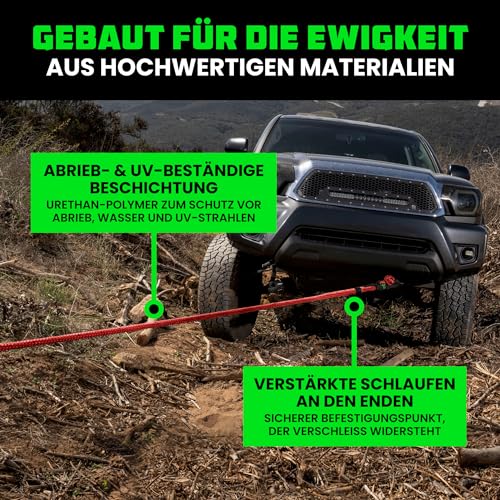 Rhino USA Kinetisches Seil Bergungssatz 13,000kg (2.2cm x 9m) - Schwerlast Offroad Schnappriemen - Abschleppseil elastisch Bergeseil - Set enthält 2 weiche Schäkel für LKW Auto Traktor - Rot