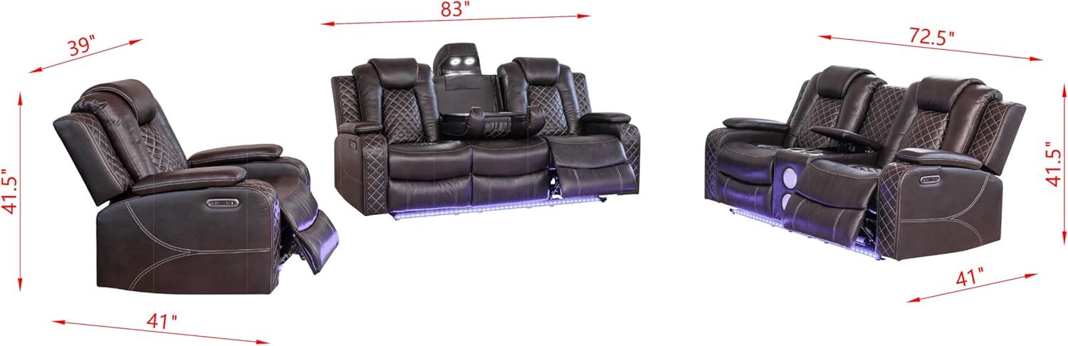 Ball & Cast Power Recliner Sofa Set Leather Reclining Couch Home Theater Seating 3PCS Recliner Couch Loveseat & Chair Sets with USB Ports,Wireless Charing,Cup Holders for Home Theater,Living Room