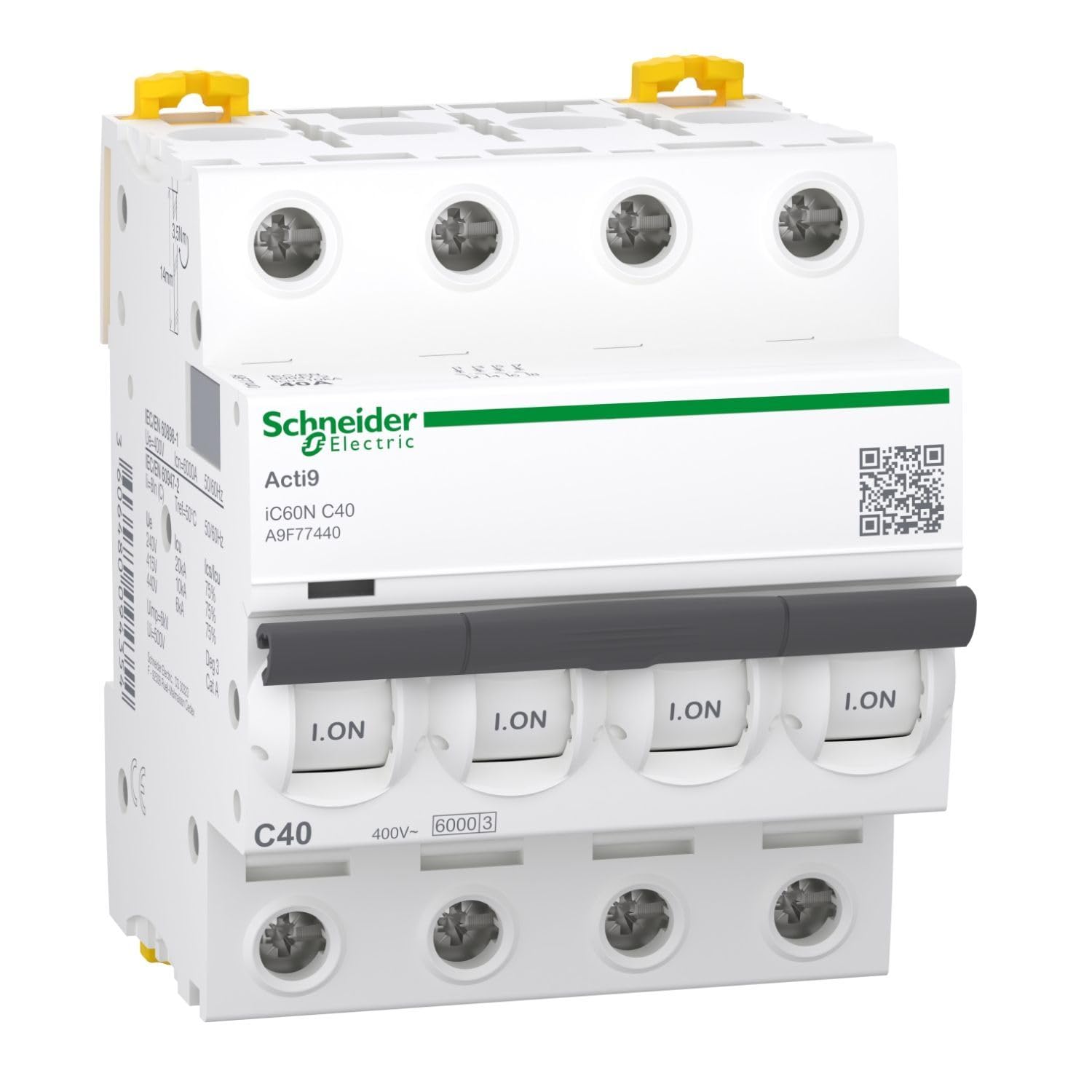 Schneider electric a9 F74440 iC60 N disjoncteur, acti9, Courbure C, 4P, 85 mm hauteur x 72 mm largeur x 78.5 mm profondeur, 40 A courant, 50/60 Hz, Blanc