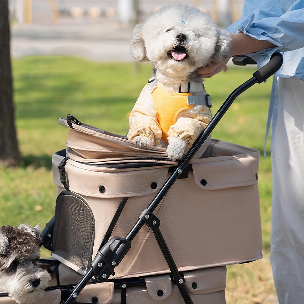 Double Couche Poussette pour Chien Chat Animaux, Animaux Voyage Poussette, Pliable Chien Chat À Quatre Roues Chariot, avec Ventilation et Freins (Marron, 50x67x95 cm/double couche)