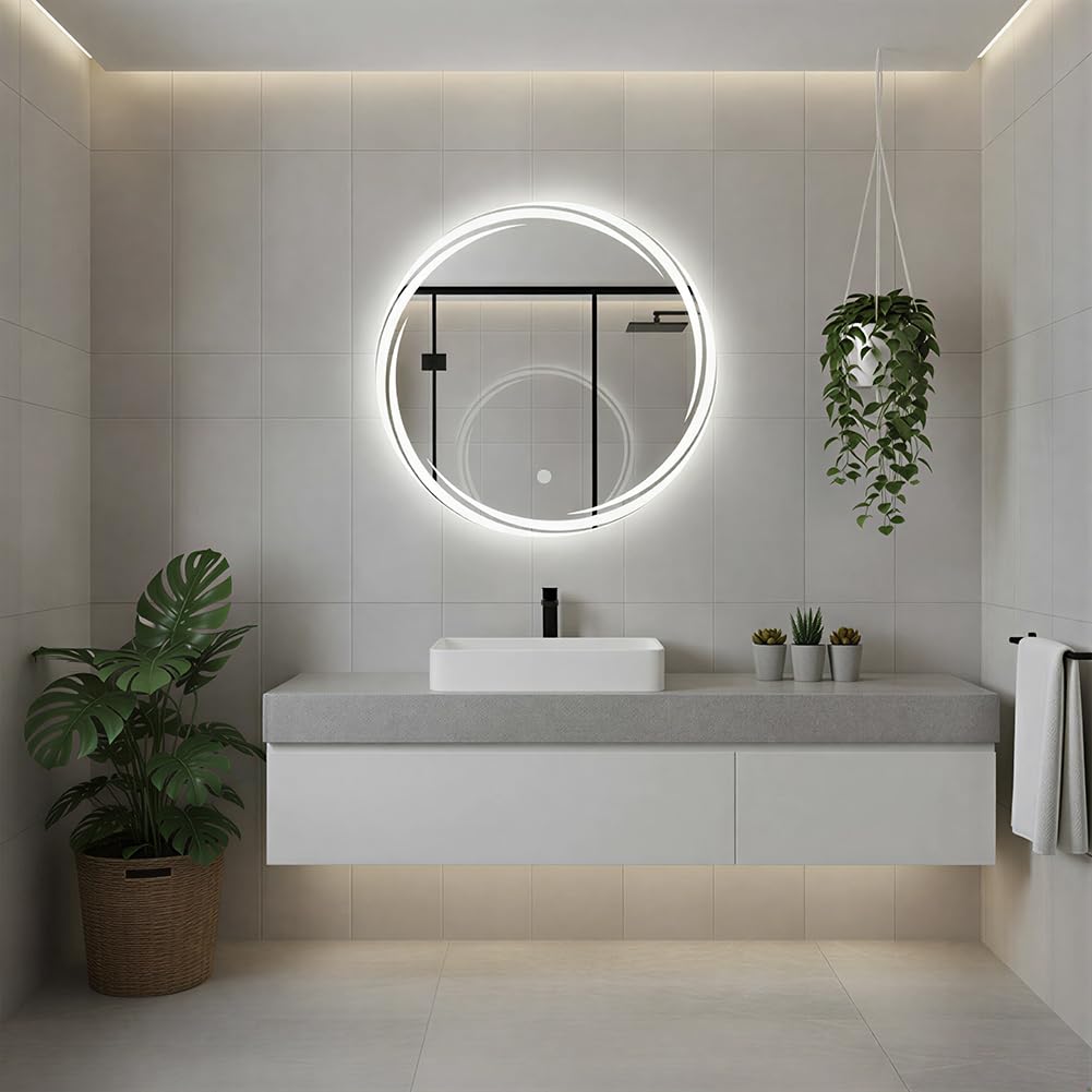 Shally Dogan Specchio Spirale da Parete con Led Dimmerabile a 3 Colori, Bianco Freddo, Caldo e Naturale, Accensione con Touch, Decorazione da Muro Design Moderno e Salvaspazio