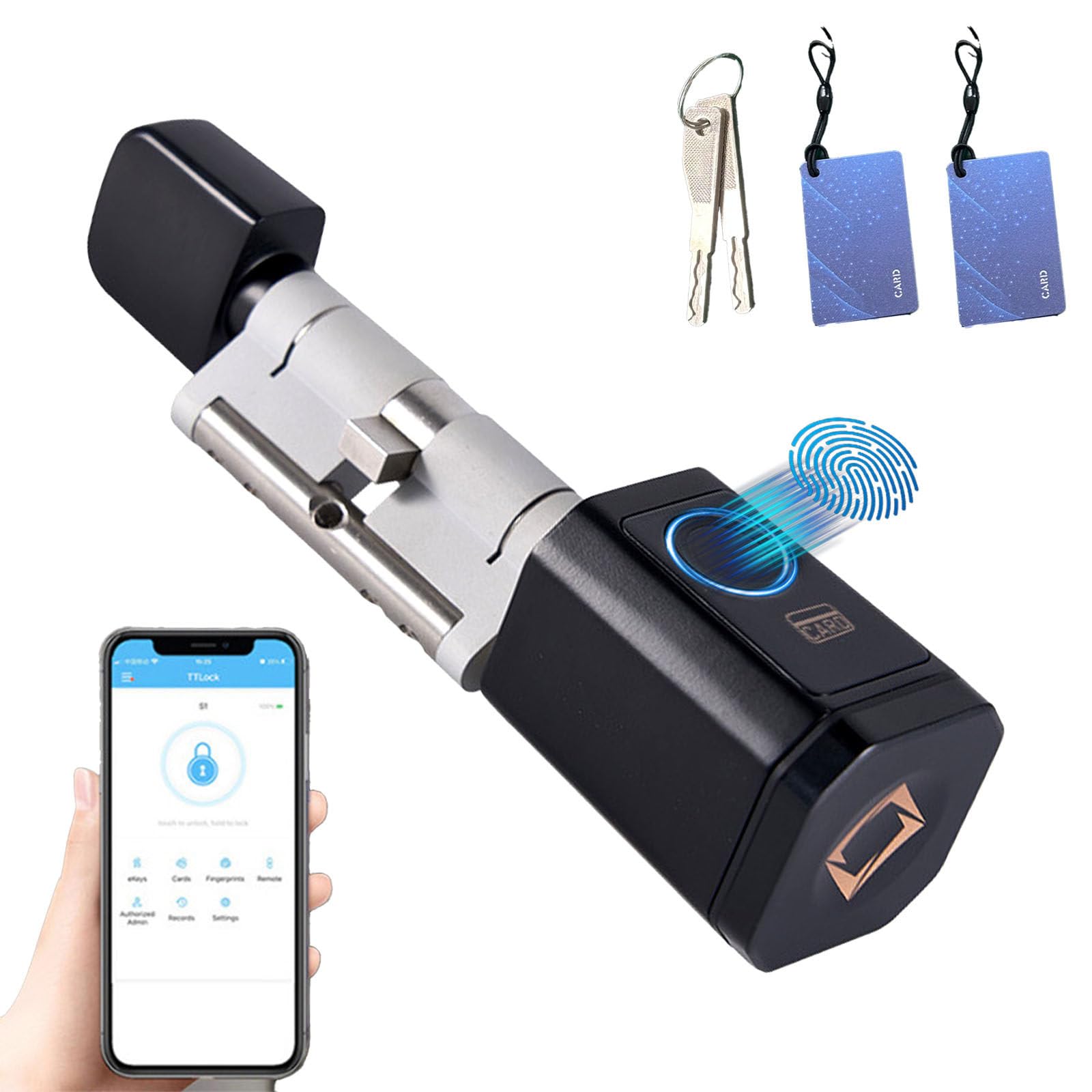 Billg Serrure Connectée, Serrure Biométrique avec Empreinte Digitale, App Bluetooth, 2 Carte et 2 Clés, Cylindre Connecté pour Portes de 60mm-100mm, Serrure Empreinte Digitale Alliage d’Aluminium